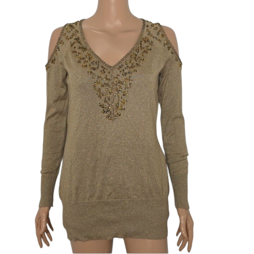 Y2K Cache beaded Brown/gold  cold‎ shoulder Sweater Top Size M Medium
